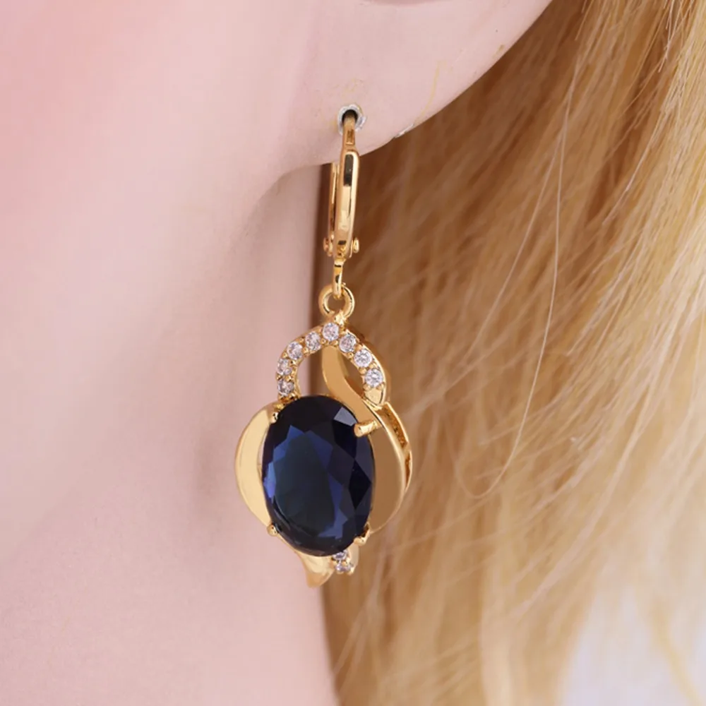 

Gold Filled Earring Smooth Gold Color Inlay Oval Sea Blue Crystal Dangle Drop Earrings Lady Jewelry
