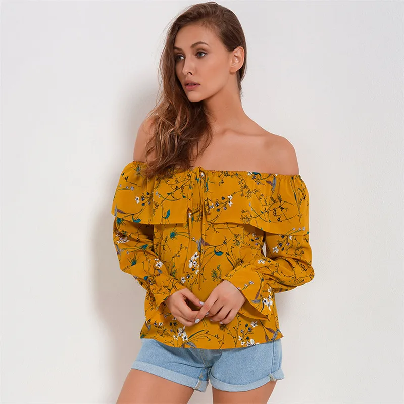 RIISDA Women Slash Neck Shirt Chiffon Print Ruffles Sleeved Blusas Casual Shirts For Womens Blouses Female Spring Summer Tops  (3)