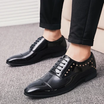 

mens casual breathable wedding party dress black soft patent leather shoes rivets flats oxfords shoe lace-up zapatos sneakers