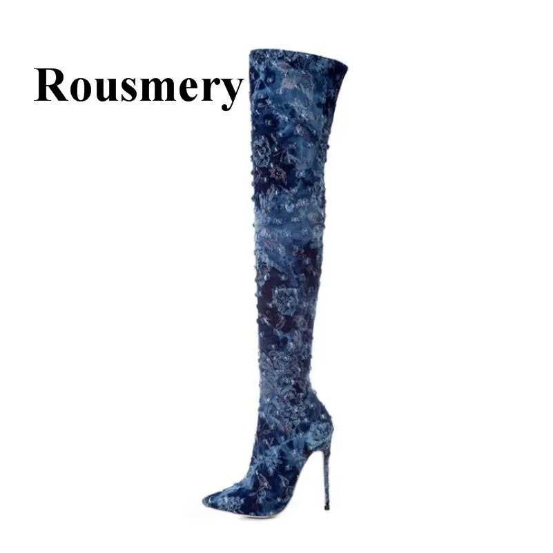 

Hotest Sales Dark Blue Pointrd Toe And Thin High Heel Mixed Color Side Zipper Winter Plus Velvet Fashion Women Long Boots