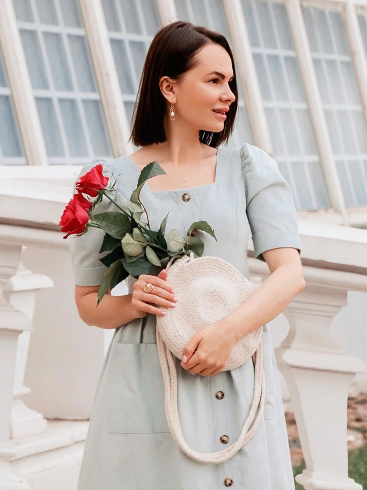 Dotfashion/платье с пышными рукавами и карманами на пуговицах, женская одежда, повседневное летнее платье-рубашка с квадратным вырезом и высокой талией