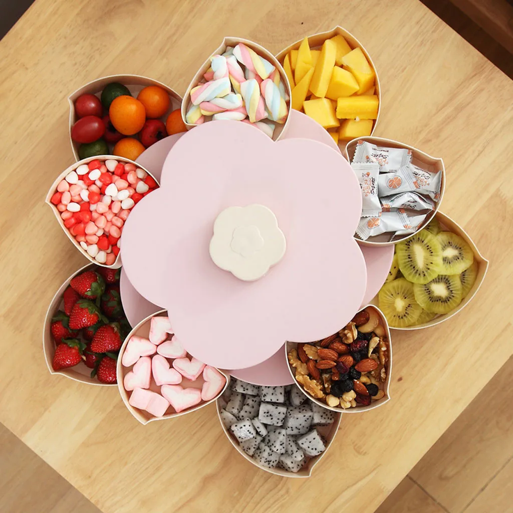 Разноцветный цветочный дизайн, двухслойная вращающаяся фруктовая чаша в форме лепестка, поднос для хранения закусок, для дома, гостиной, конфет, контейнер для еды