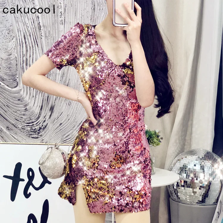 

Cakucool New Short Sleeve Dress Shiny Pink Gold Sequined Bling Short Vestido Chic Slim Party Slit Korean Dress Mujer Vadim