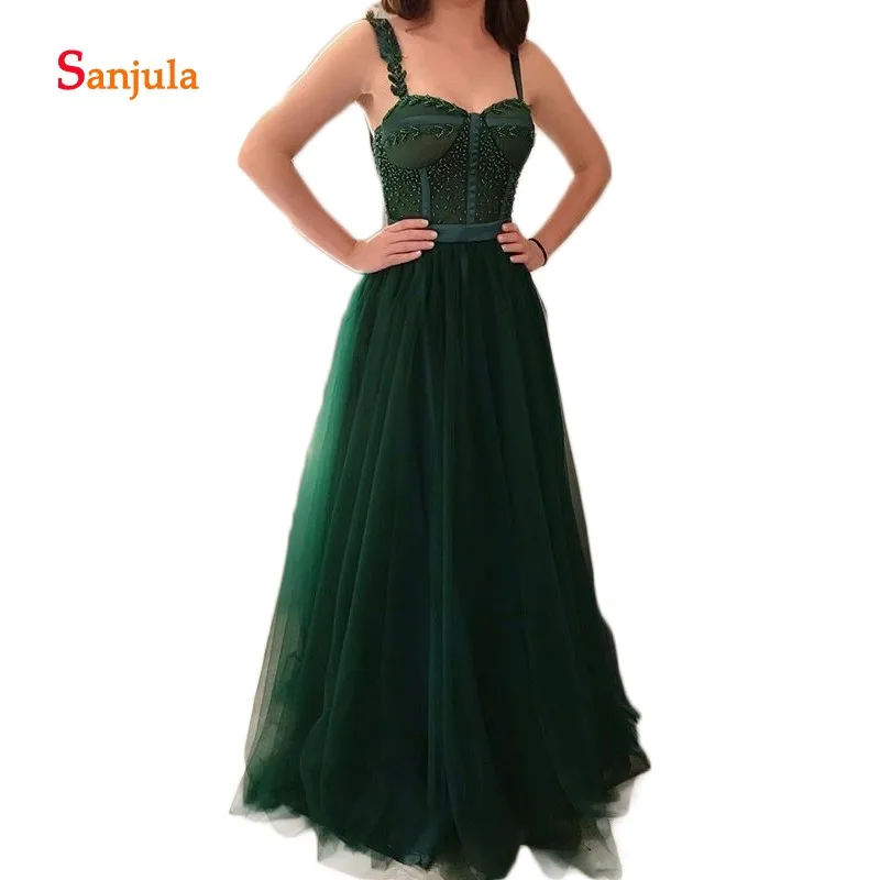 

Sparkly Beaded Formal Evening Dresses Sweetheart Tank A-Line Dark Green Tulle Evening Gowns Women Ceremony Party Dresses D771