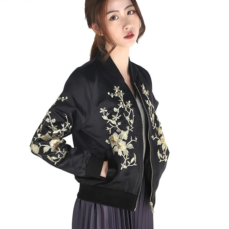 Retro Chinese style Bomber Flower embroidery jacket sequins Zipper Coat