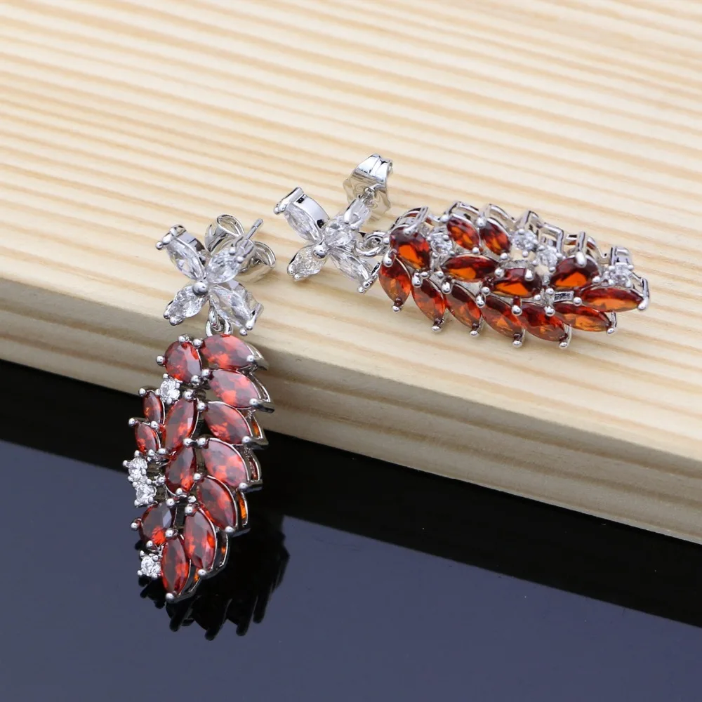 Elegant 925 Silver Jewelry Decoration Flower Shaped Red Cubic Zirconia Stone Bridal Long Earrings For Women (3)