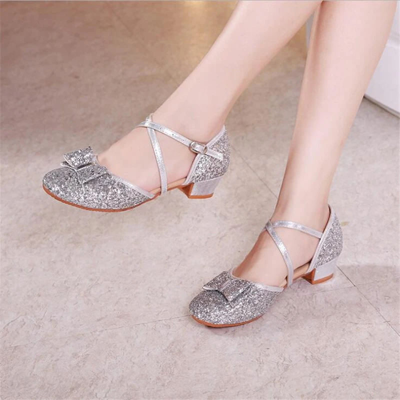 Size 24 40 Girls Shoes Latin Dance Shoes Girls Ladies Silver Gold Glitters Closed Toes For Party Dancing Shoes Heeled 4cm Dance Leather Shoes Aliexpress