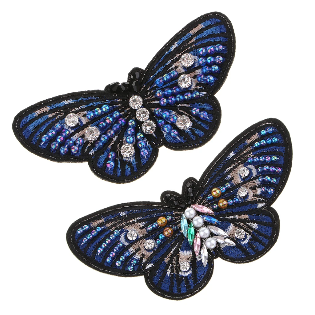 Crystal Pearl Beaded Patches Butterfly Style Clothes Embellishments Embroidery Applique Decorations for Repair/Design
