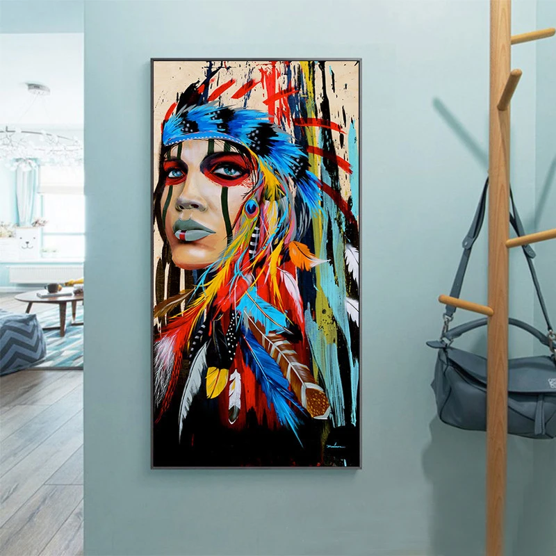 

Modern Wll Art Native American Indian Canvas Wall Paintings Watercolor Indian Woman With Feather Posters Prints For Living Room