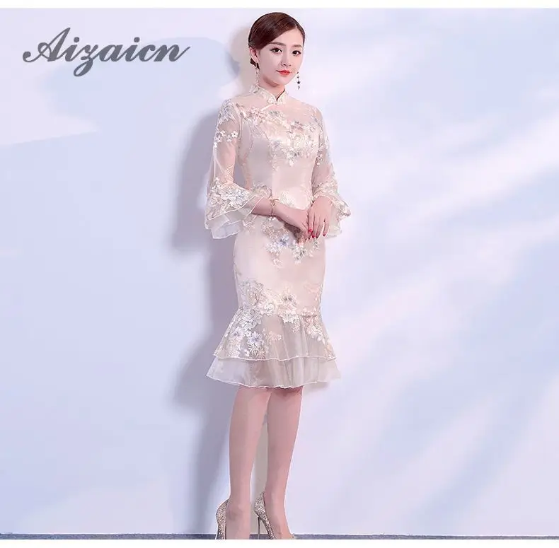 2019 бежевый boda chino tradicional vestido bordar Qipao mucho чонсам, Восточный стиль vestidos tradiciones mujeres Qi Pao