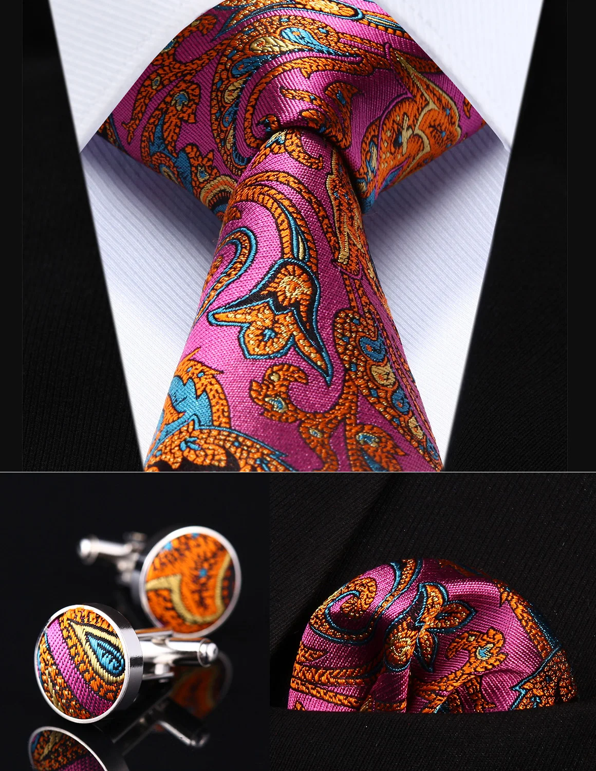  Party Wedding Classic Pocket Square Tie TZP12K8 Pink Orange Paisley 3.4