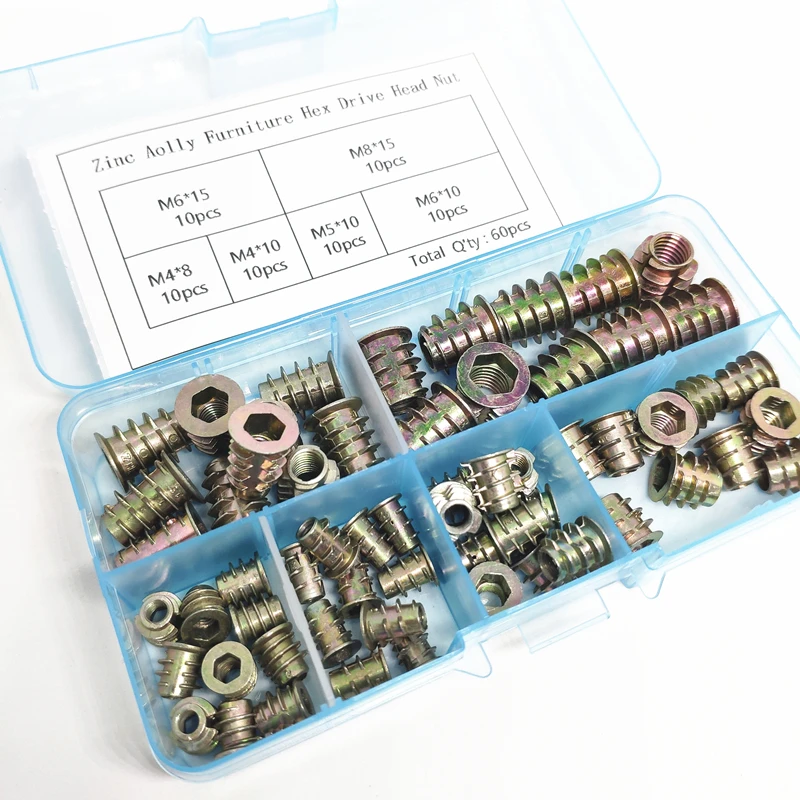 

60PCS M4 M5 M6 M8 Zinc Alloy Thread for Wood Insert Nut Flange Hex Socket Head Furniture Nuts Assortment Kit