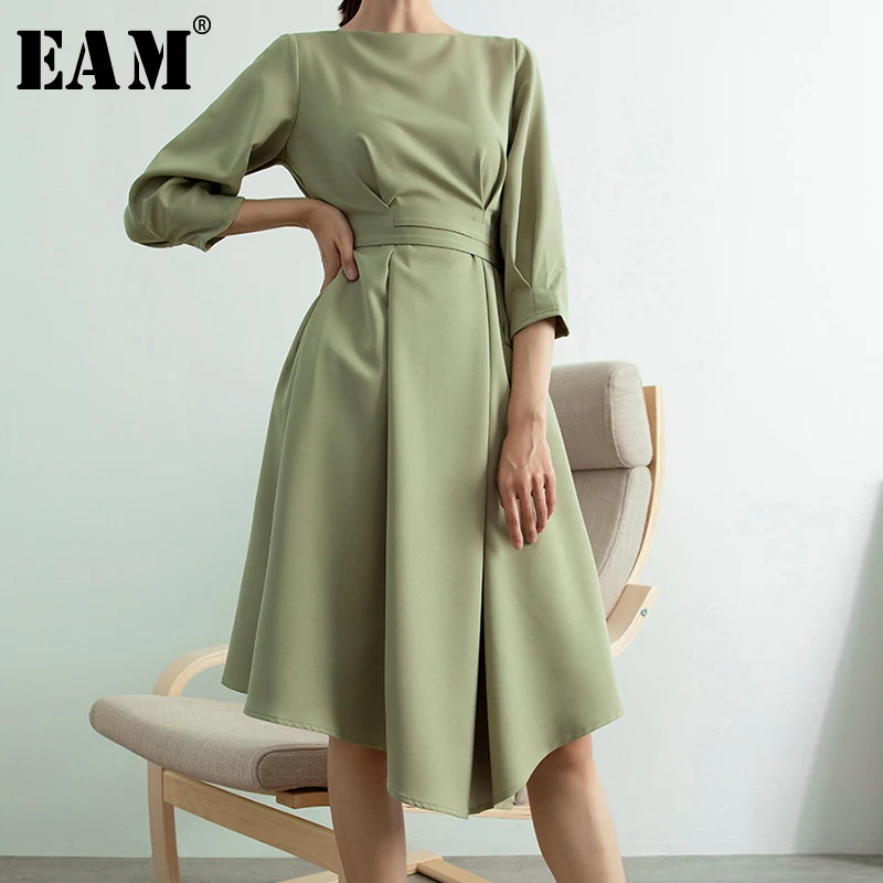 

[EAM] 2019 New Spring Summer Round Neck Three-quarter Sleeve Pleated Bow Bandage Temperament Dress Women Fashion Tide JY380