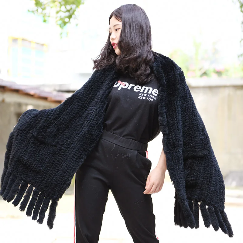 

CX-B-01C Real Rabbit Fur Pocket Shawl Women Natural Genuine Knitted Rabbit Fur Shawl Scarves With Tassel