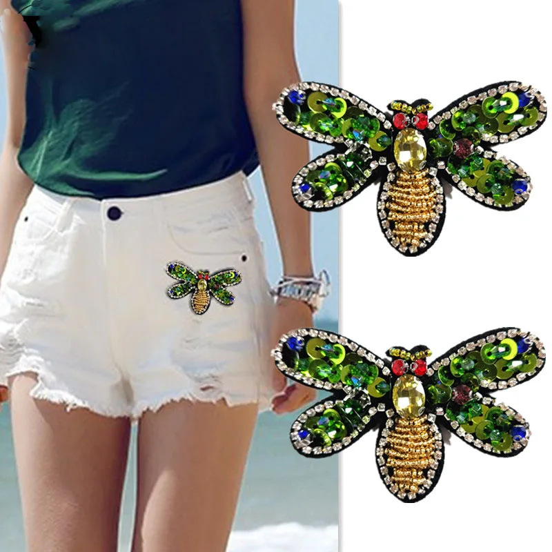 

1Pc 3D Handmade Rhinestone beaded Patches insect ,Sew on Crystal patch for clothing beading Applique RP168