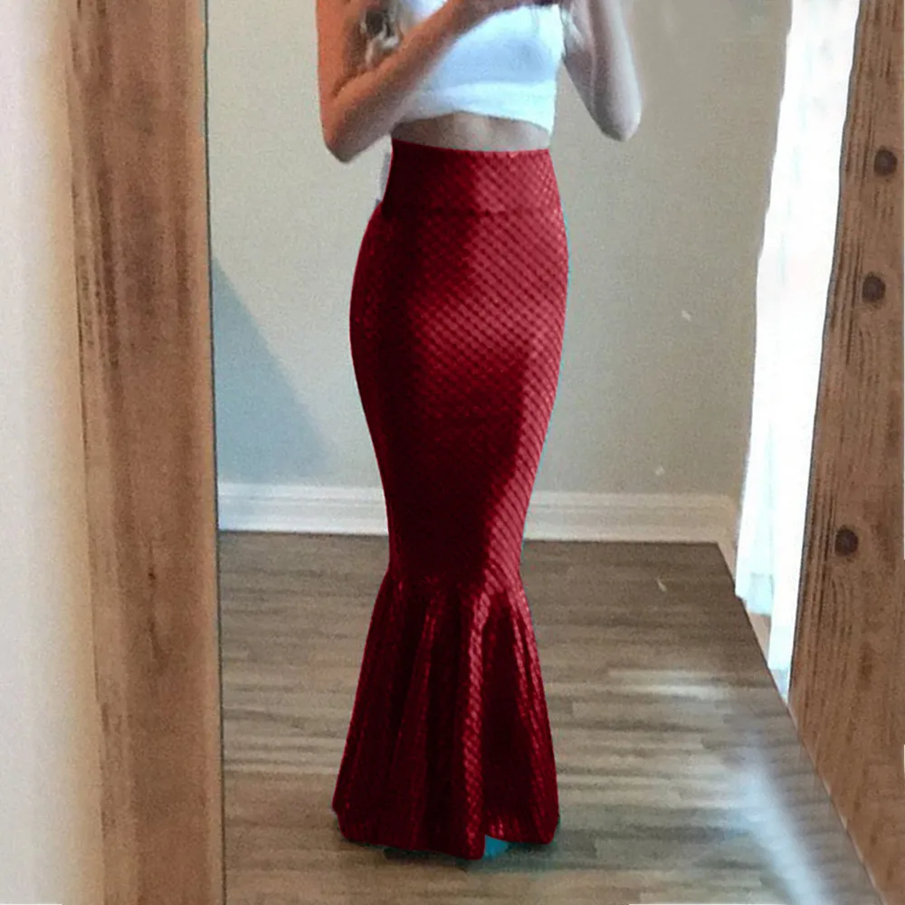 Женская длинная Русалка Макси юбка с высокой талией стрейч Bodycon Блестящая рыбья Шкала печатных труба длиной до щиколотки 10