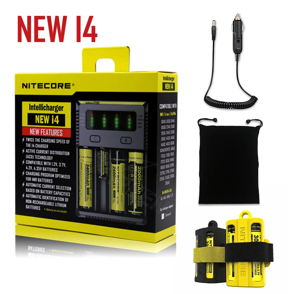 Бренд Nitecore I2 I4 Digi зарядное устройство lcd интеллектуальная схема Li-Ion для 26650 18650 18350 16340 14500 автомобильное зарядное устройство - Цвет: I4 car bag nbm40
