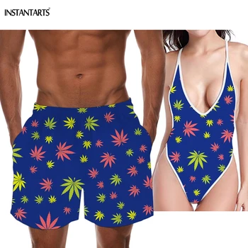 

INSTANTARTS 2019 New Couple Swimmsuits Hemp Weed Leaves/Maple Leaf Pattern Woman's Monokini Man Beach Shorts Adults Bathing Wear