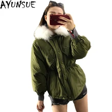 AYUNSUE Роскошные натуральный мех енота зимняя куртка-пуховик Женская куртка-парка бренд короткие тонкие Ajustale талии chaqueta pluma LX1008