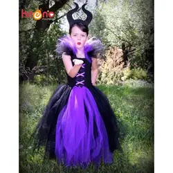 Малефисента зла queen платье-пачка для девочек с рогами хэллоуин наряд для фотосессий Пурим детский праздничный костюм Платье ручной работы