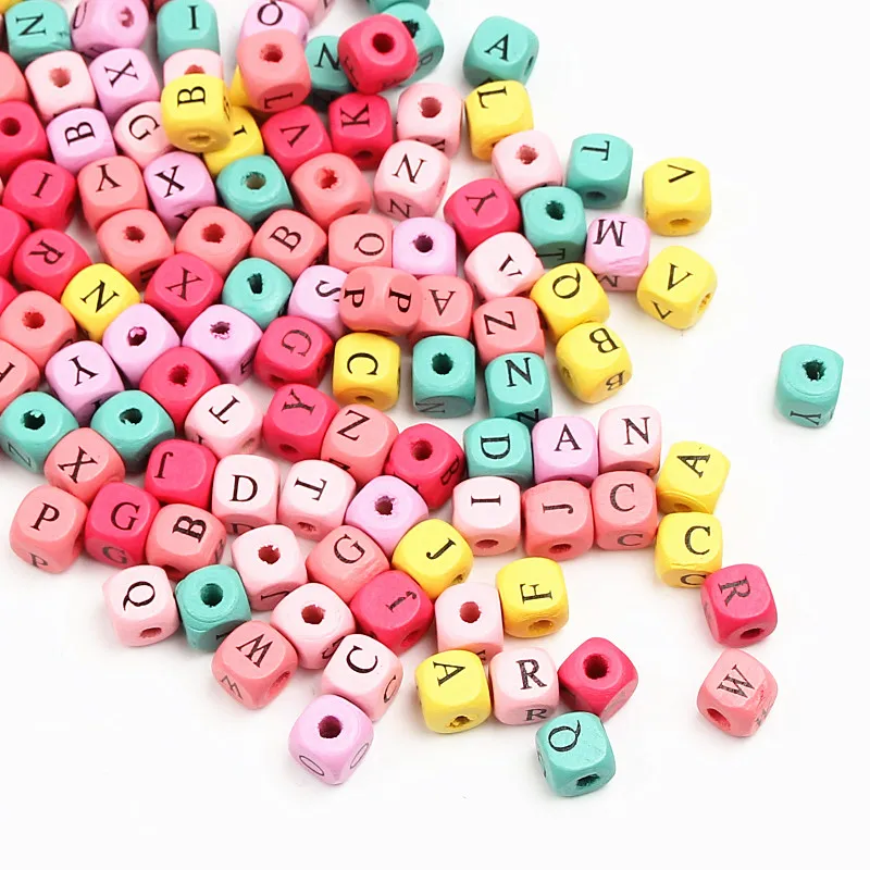 

10mm 100Pcs DIY Multicolor Wood Beads English "A-Z" Letter Beads Random Mixed Square-shape Cube Spacer Beads For Jewelry Making