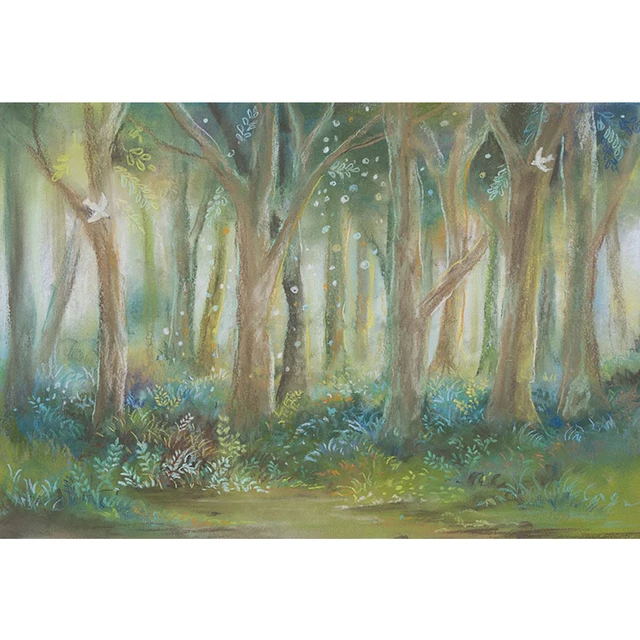 Oil Painting Forest Trees Backdrop Photography Newborn Baby Shower Props Printed Birds Green Grass Kids Watercolor Backgrounds