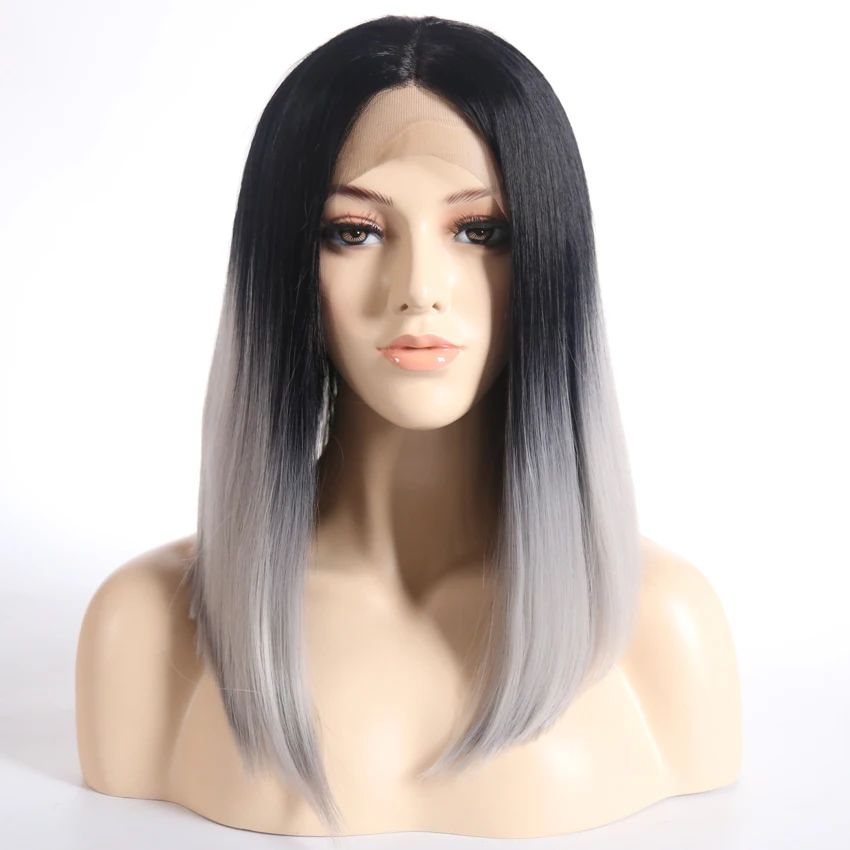 

Rongduoyi Ombre Short Bob Lace Front Wig Heat Resistant Two Tone Color Gray Synthetic Wig Cosplay Hair For Women 10-14 Inch
