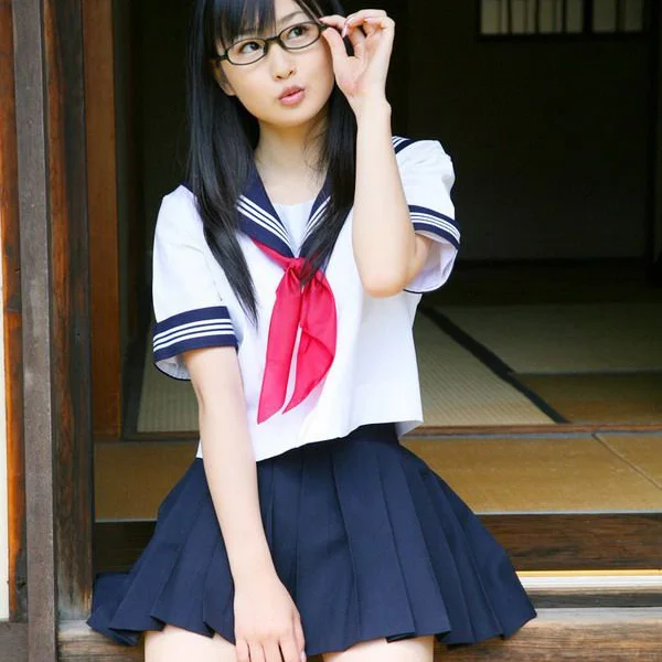 Japanese school girl uniform 3 white bar , short sleeve , red scarf