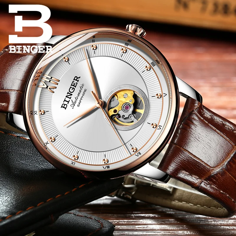 

Ultra-thin Japan 9015 Automatic Movement Men Top Luxury Brand BINGER Casual Business Watches sapphire Leather Strap 2017