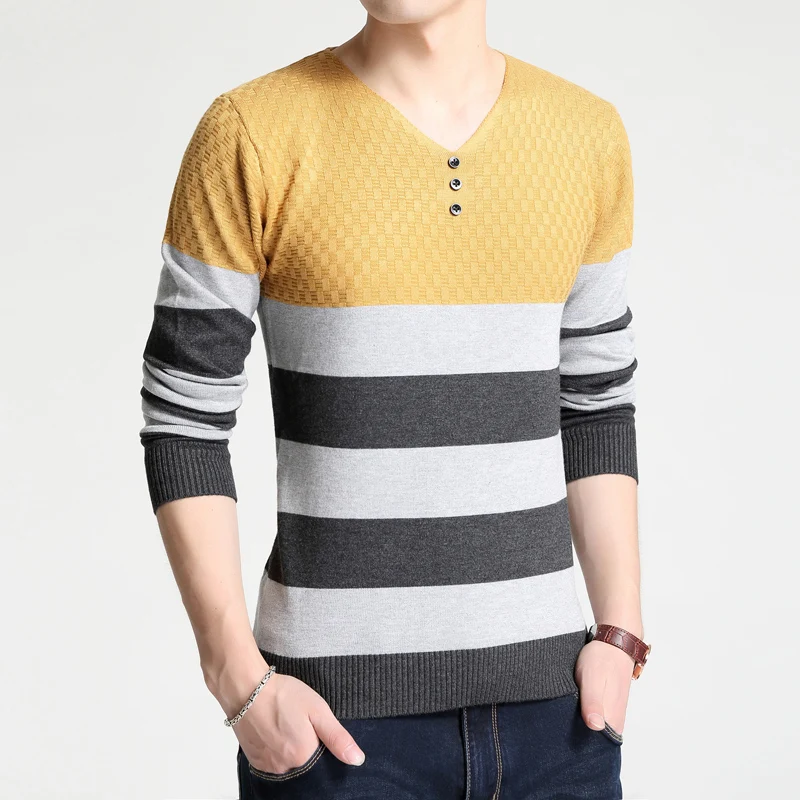 Новое поступление повседневный мужской пэчворк мужской свитер вязаный v-образный вырез длинный рукав пуловер мужская одежда - Цвет: Цвет: желтый