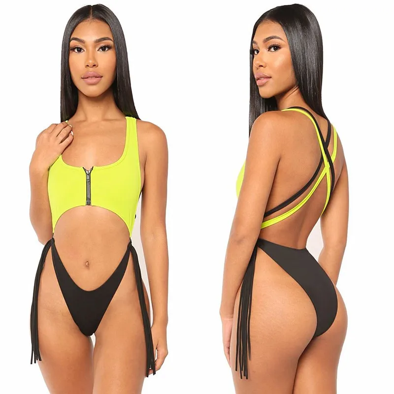 

Sexy Reveal Back Bikini Collide Salad Chain Swimming Suit For Women Tassels Swimwear One Piece Swimsuit Female Put On Monokini