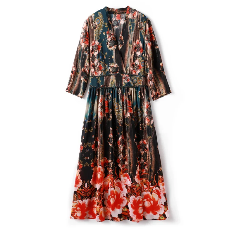 Натуральный шелк, женские подиумные платья, v-образный вырез, рукава 3/4, с принтом, эластичная талия, элегантные летние платья