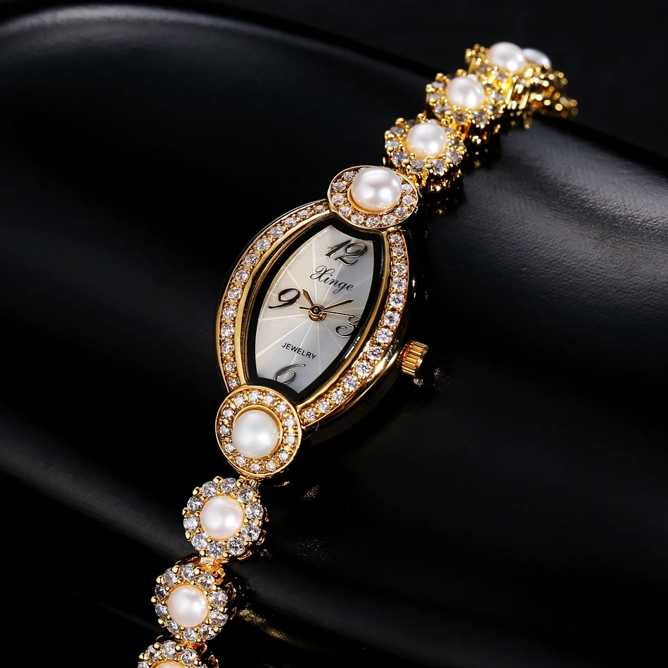 

Gold Bracelet Watch Luxury Crystal Pearl Women Dress Jewelry Watch Clock Sport Business Quartz Casual Watch S0370