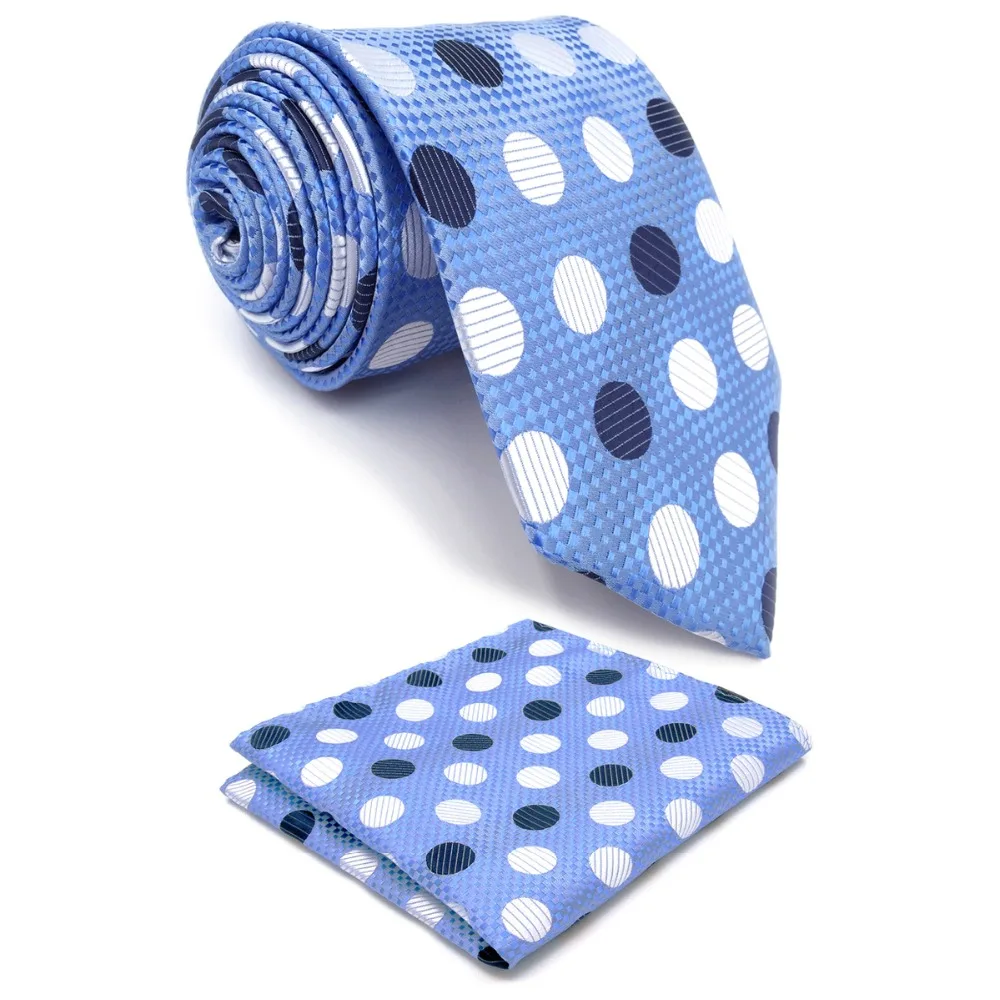 

Y5 Polka Dot Azure Silver Navy Silk with handmade Classic Ties Neck Tie Pocket Square Extra Long 63"
