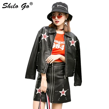 

Star Rivet Leather Jacket Women Spring Streetwear Splice Color Sheepskin Genuine Leather Coat Casual Moto Female Leather Jackets