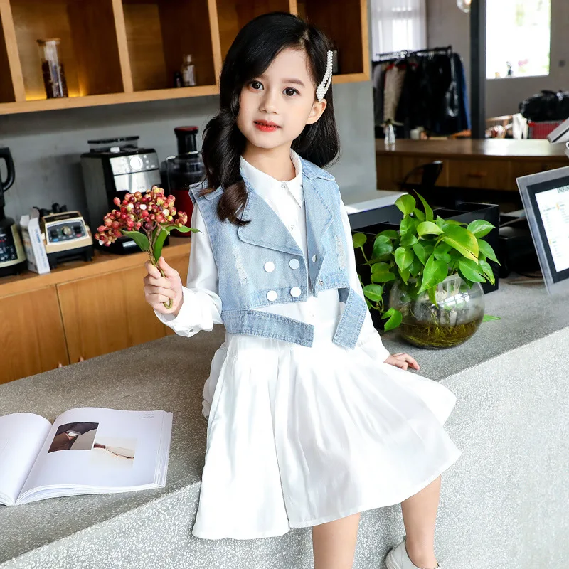 

2019 New Baby Girls Clothing Sets Teenage Kids Clothes Suit Spring Fashion Denim Coat + Shirt Dress Children Clothing Outfits