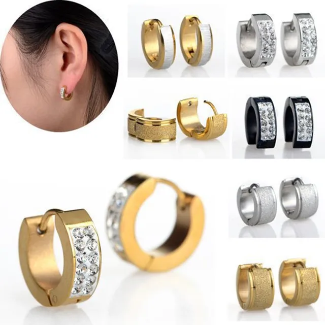 Uni Fashion Punk Stainless Steel Crystal Earrings Gold Silver Uni Fashion Punk Stainless Steel Crystal Earrings Gold Silver Black Hoop