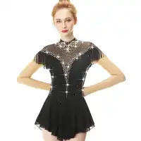 Black Long Sleeve Tassels Crystal Diamond Bow Figure Skating Dress Skating Skirt Women's and girls