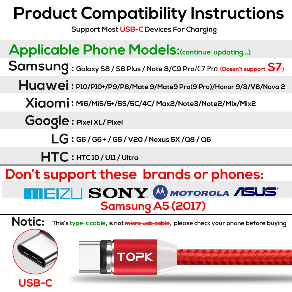 TOPK RLine2 LED Magnetic USB Cable For iPhone 6 7 8 Plus 5s SE iPad Air Magnet Charger Cable USB Type C & Micro USB Cable