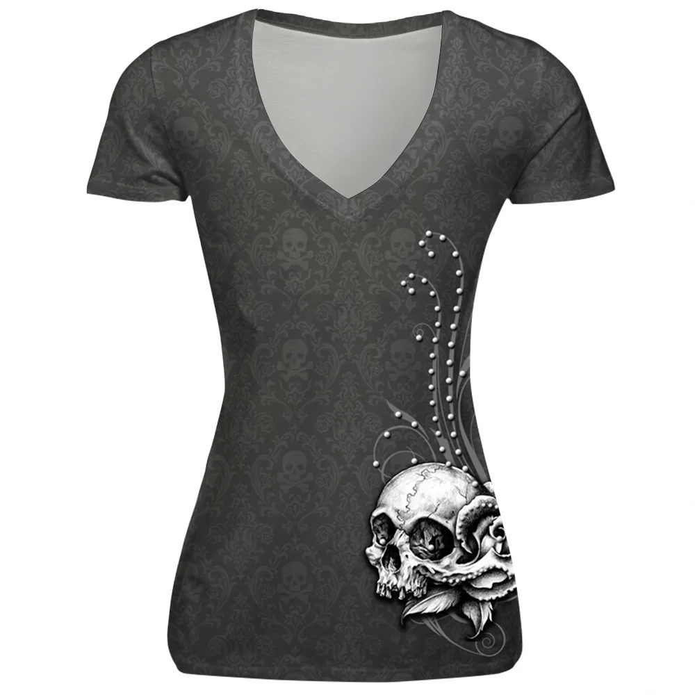 

Hot Sale Summer T-Shirt Skull Printed Causal Women Short Sleeve V-Neck Punk Style Tops Tees Women T Shirt camiseta mujer