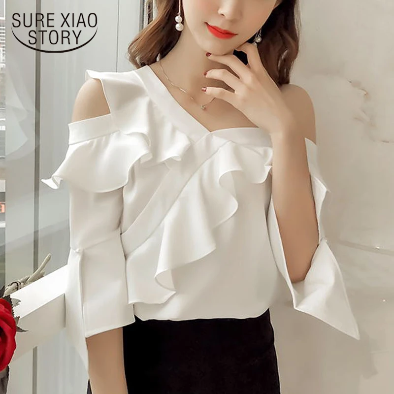 

New 2018 Spring Autumn Lady Sexy Women Blouse Shirt Oblique Shoulder Strapless Trumpet Long Sleeve White Shirt Chiffon 0574 40