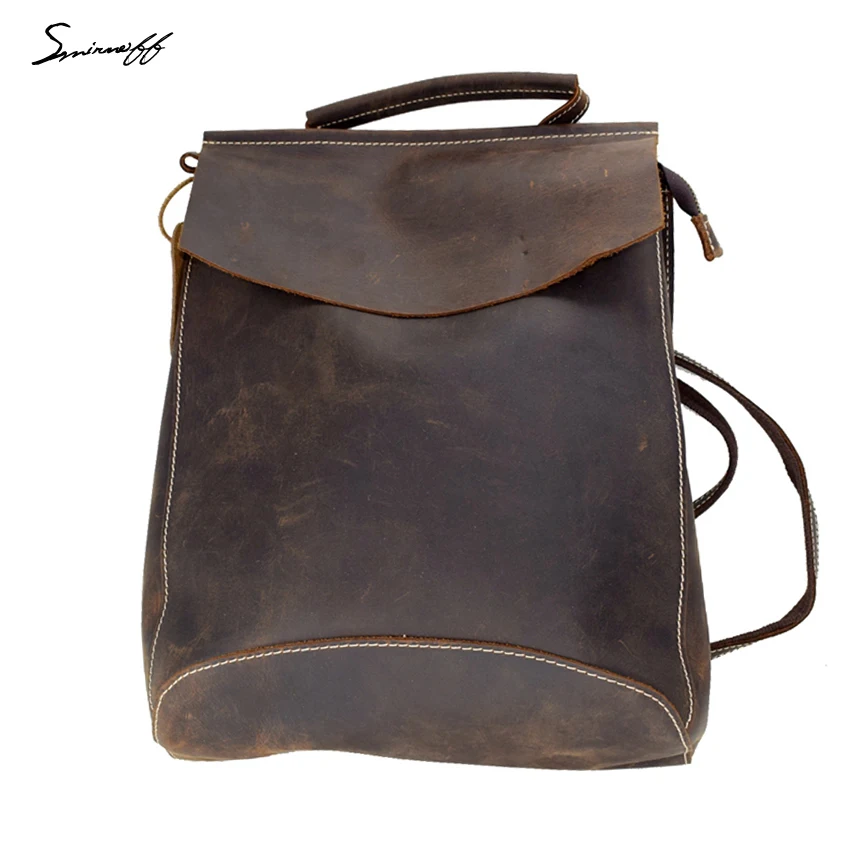 

SMIRNOFF Elegant Handmade Crazy Horse Leather Women Backpack Personality Multi-Pocket Large Capacity Ladies Rucksack