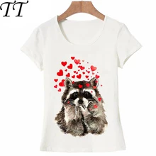 Милая футболка с рисунком енота и красными сердечками, акварельная футболка, летняя Милая женская футболка, забавные повседневные женские топы, модные футболки для девочек