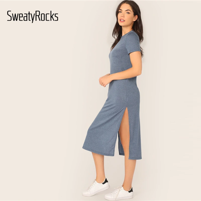 SweatyRocks Solid Split Side Tee Dress Summer Streetwear Blue Dresses Women Casual Short Sleeve Long Dress