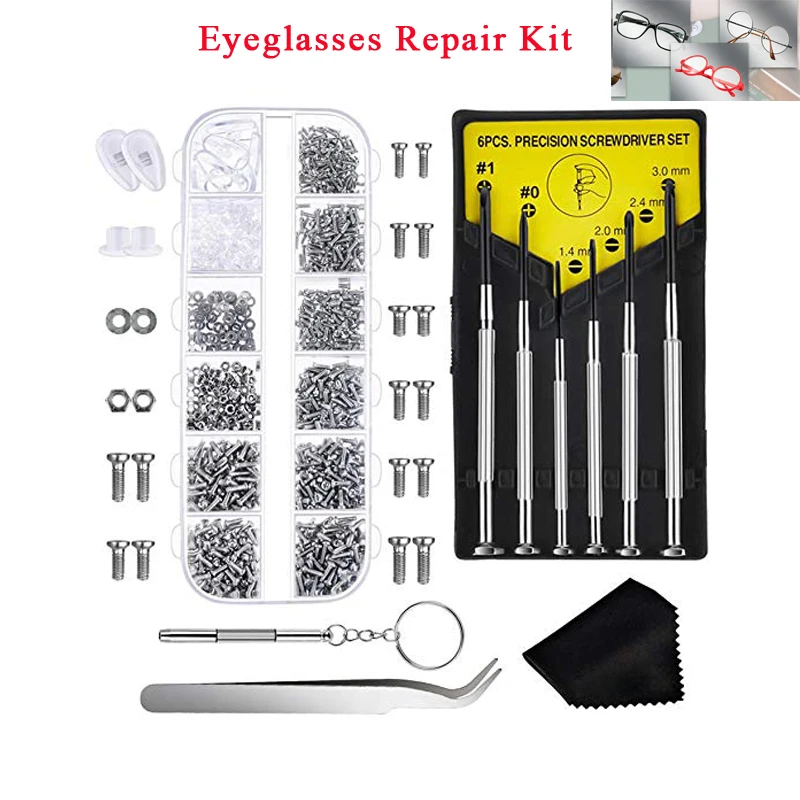 Eyeglasses Repair Kit 1100Pcs Small Screws and Nose Pads Set with 6 Pcs Screwdrivers for Glasses Eye Glasses and Sunglasses Rep