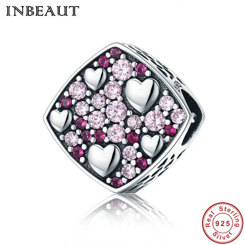 

INBEAUT Romantic Love 925 Sterling Silver Pink Lovely Cubic Zirconia Engraved Heart Breath Charm Beads fit Pandora Bracelet