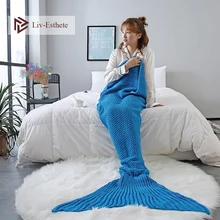 Liv-Esthete Blue Mermaid Tail Blanket Throw Blanket For Adult Kids Sofa Bed Sleeping Bag Wrap Knitted Blanket Best Gift knitted fishbone sofa wrap kids mermaid tail blanket
