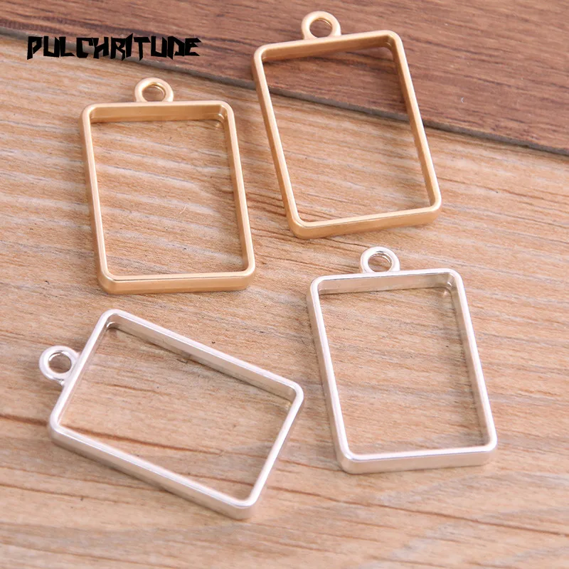 

PULCHRITUDE 6pcs 21*34mm Two Color Polished Alloy Jewelry Accessories Rectangle Charm Hollow Glue Blank Pendant Tray Bezel