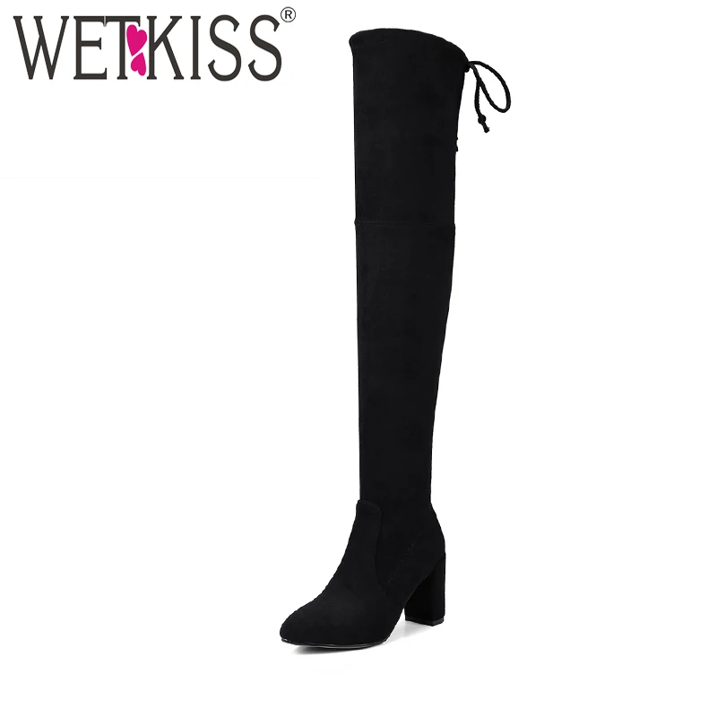 

WETKISS Stretch Natural Leather Suede Autumn Boots 2018 New Arrival Women's High Heel Rubber Shoes Side Zip Over The Knee Boots