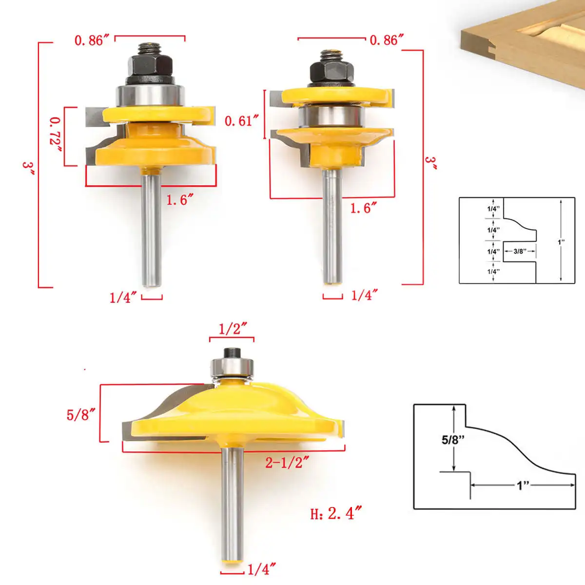 DWZ  3x Shank Ogee Rail & Stile Raised Blade Cutter Panel Cabinet Door Router Bit Set